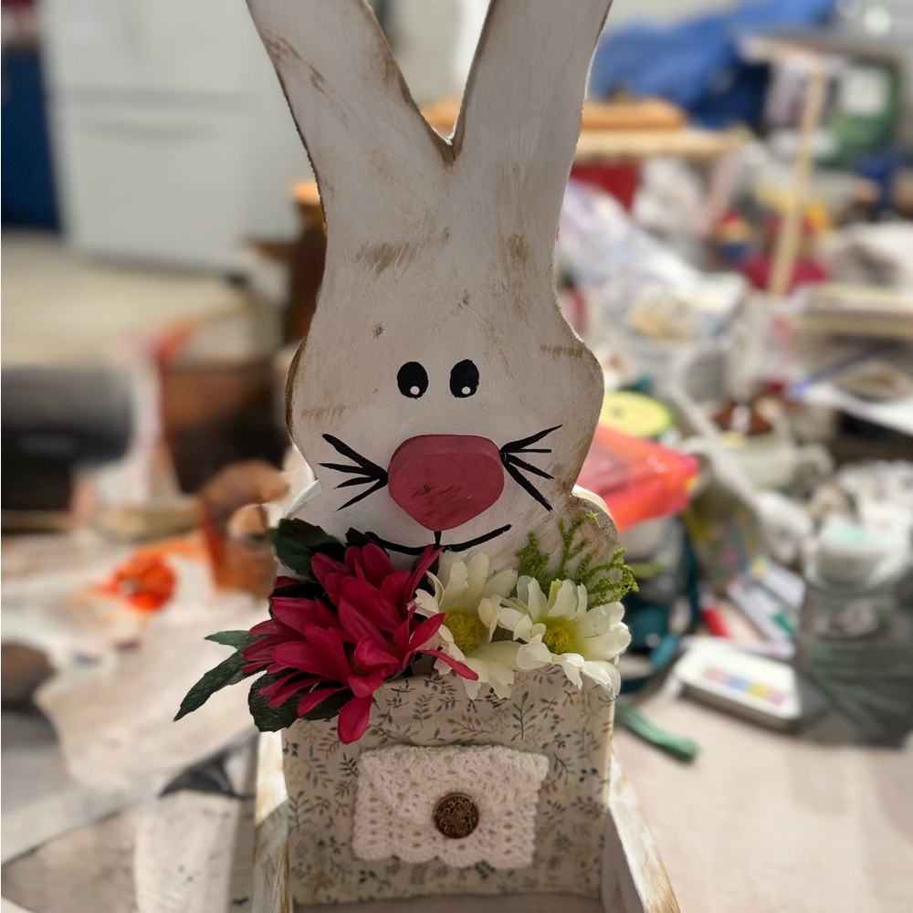 Wooden Bunny Flower Holder with Pink Nose and Mixed Flowers
